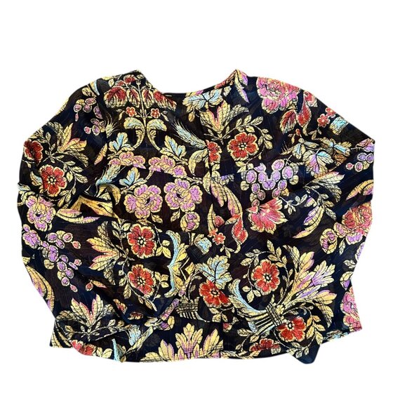 Belle + Sky Boho Semi Sheer Metallic Woven Floral Bell Sleeve Top XS - Picture 7 of 7